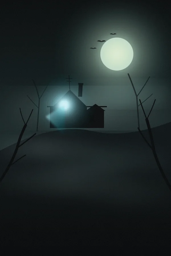 Horror poster: a lone house on a foggy hill with one window lit by a TV glow