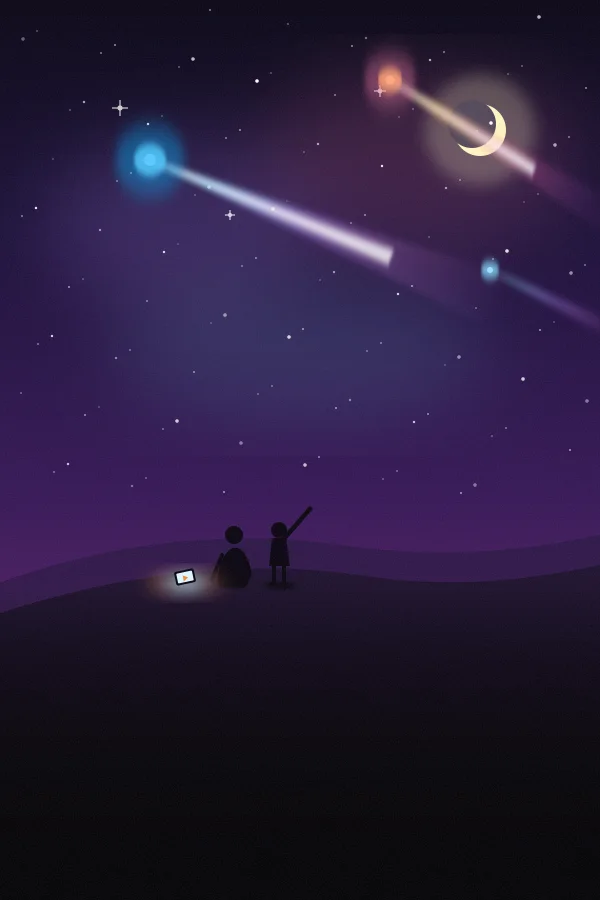 Family movie poster: two kids on a hill watching comets cross a starry night sky