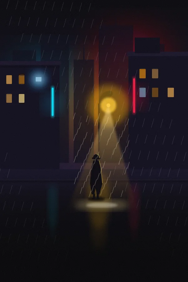 Thriller poster: a lone figure under a streetlamp on a rainy city street at night