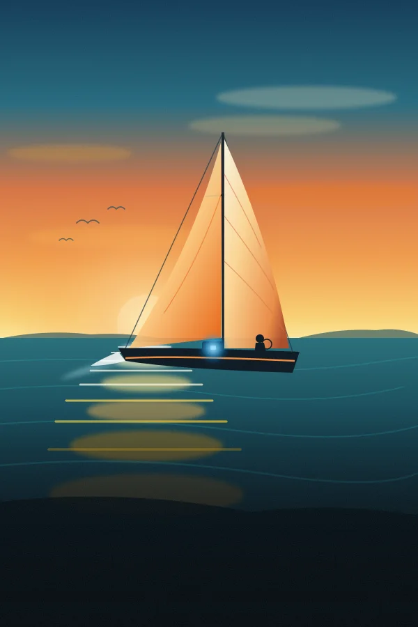 Adventure poster: a sailboat on the open ocean at golden hour